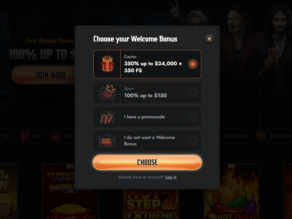 Welcome bonus selection showing casino package, sport offer, promo code and no-bonus options