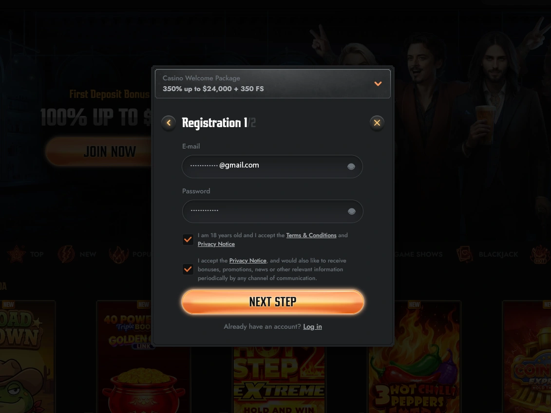 Registration step one with email, password, age confirmation, terms and marketing consent