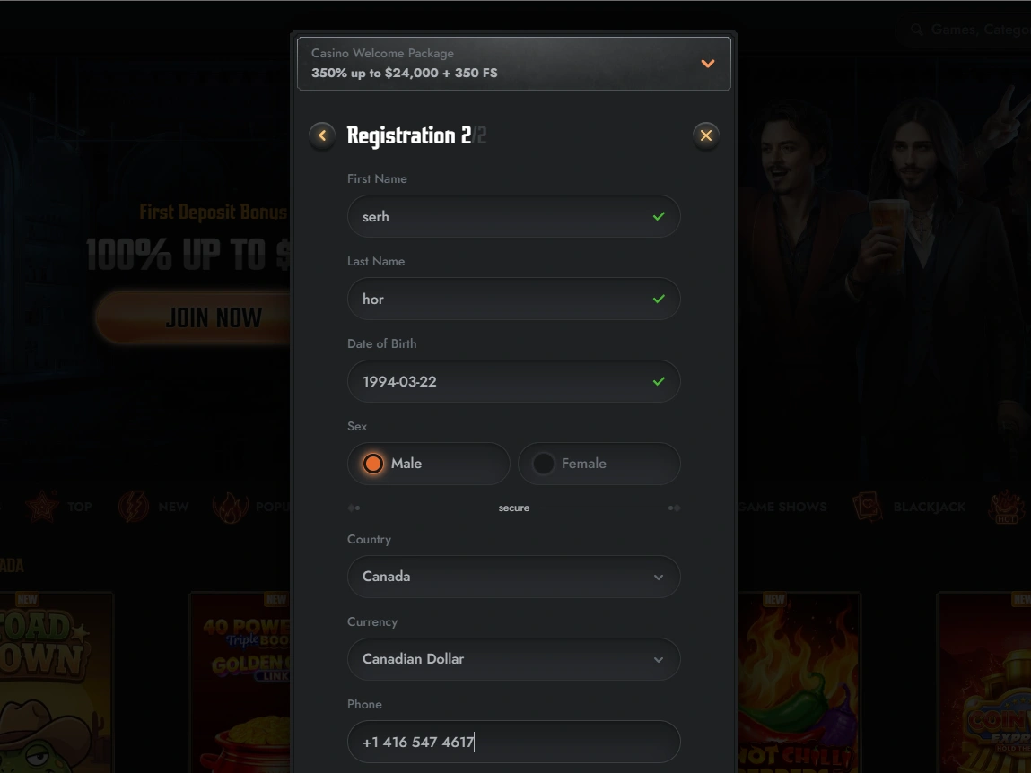 Registration step two showing personal details, country, Canadian Dollar and phone fields