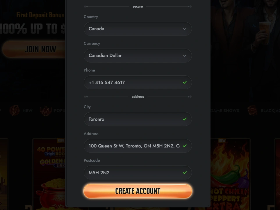 Registration form showing Canada, Canadian Dollar, phone, city, address, postcode and Create Account button